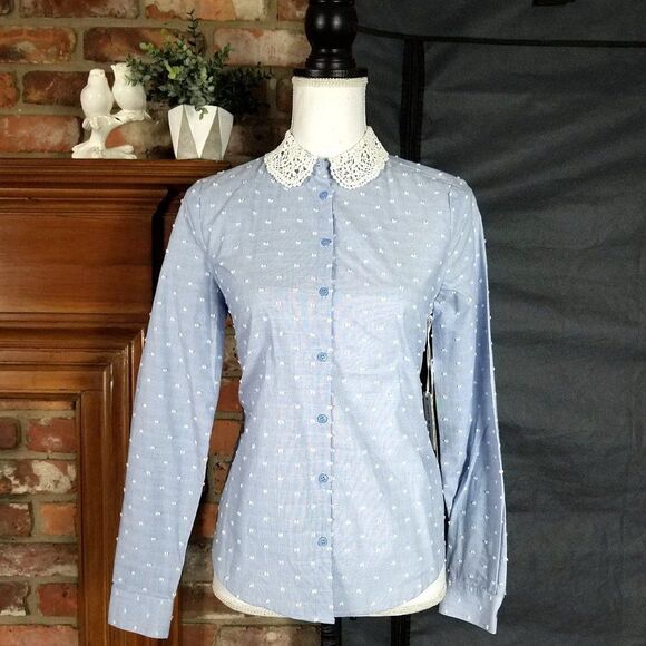 Court & Rowe Blue Swiss Dot Crochet Lace Collar Blouse - Picture 1 of 9
